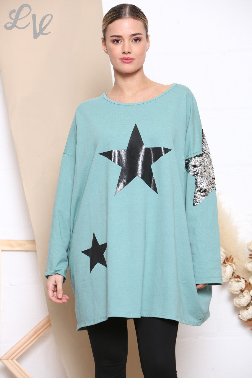 Ladies Star Graphic & Sequin Sweatshirt Top Tiffany
