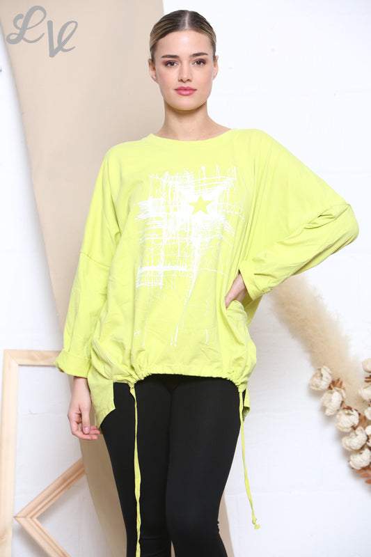 Ladies Scratch Star Print Sweatshirt Top Lime