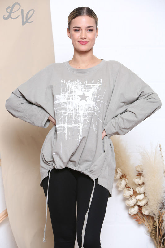 Ladies Scratch Star Print Sweatshirt Top Taupe