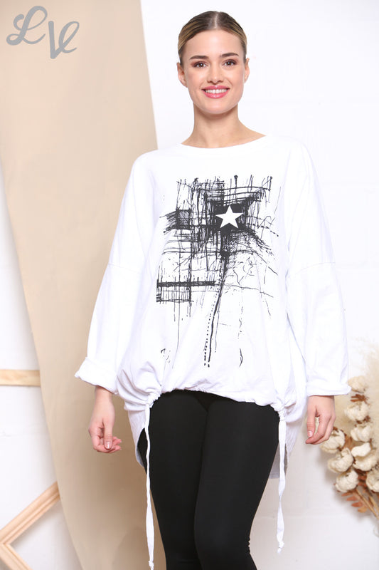 Ladies Scratch Star Print Sweatshirt Top White
