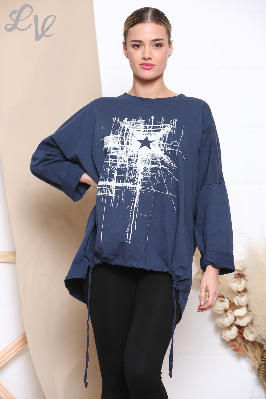 Ladies Scratch Star Print Sweatshirt Top Navy