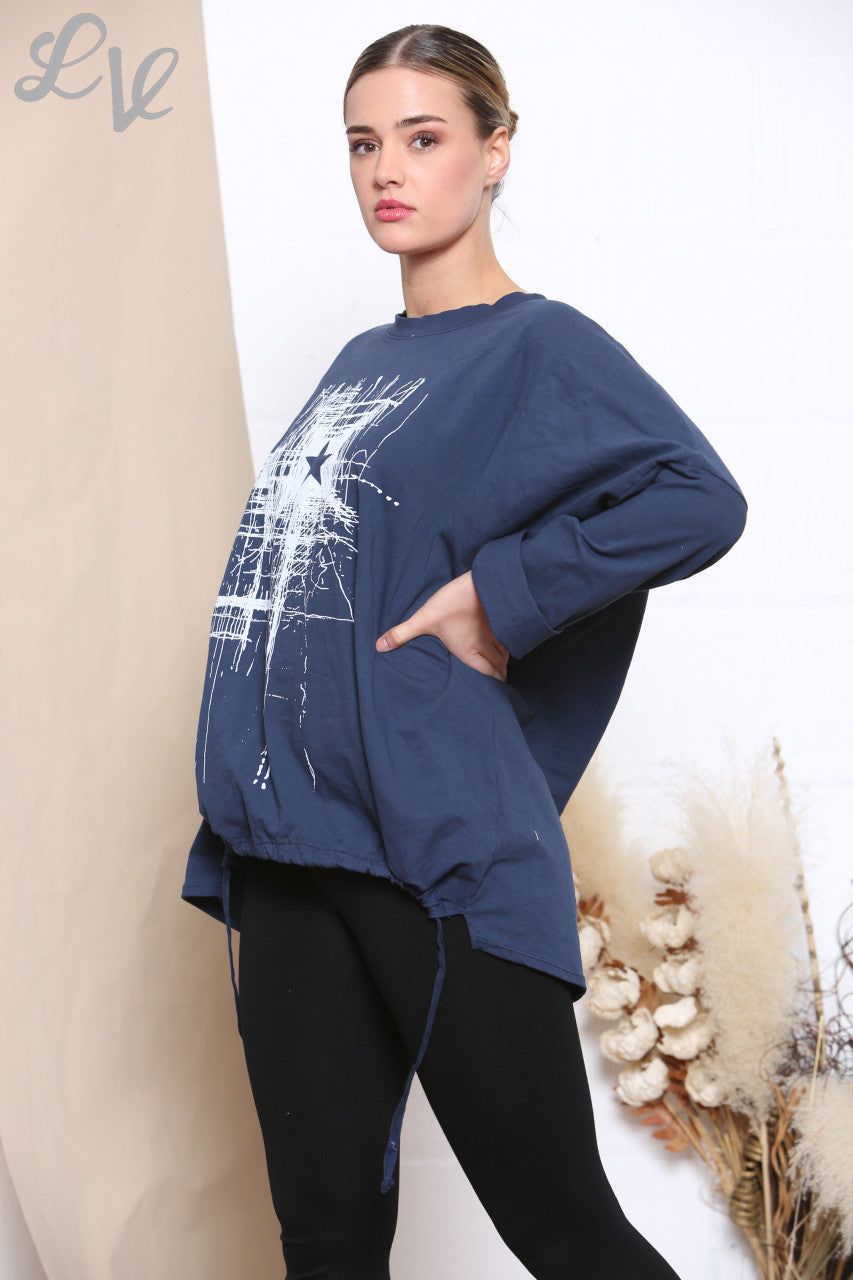 Ladies Scratch Star Print Sweatshirt Top Navy