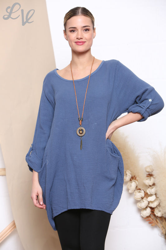Dames Effen Tuniek Top Met Zakken & Ketting Denim