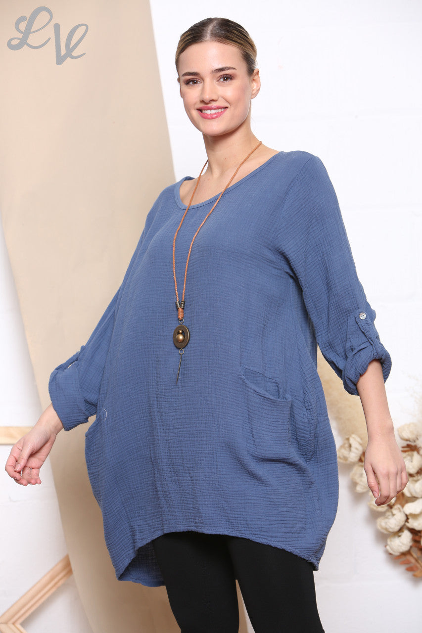 Dames Effen Tuniek Top Met Zakken & Ketting Denim