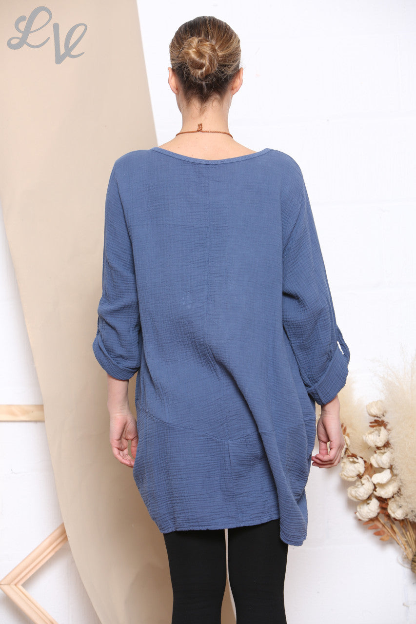 Dames Effen Tuniek Top Met Zakken & Ketting Denim