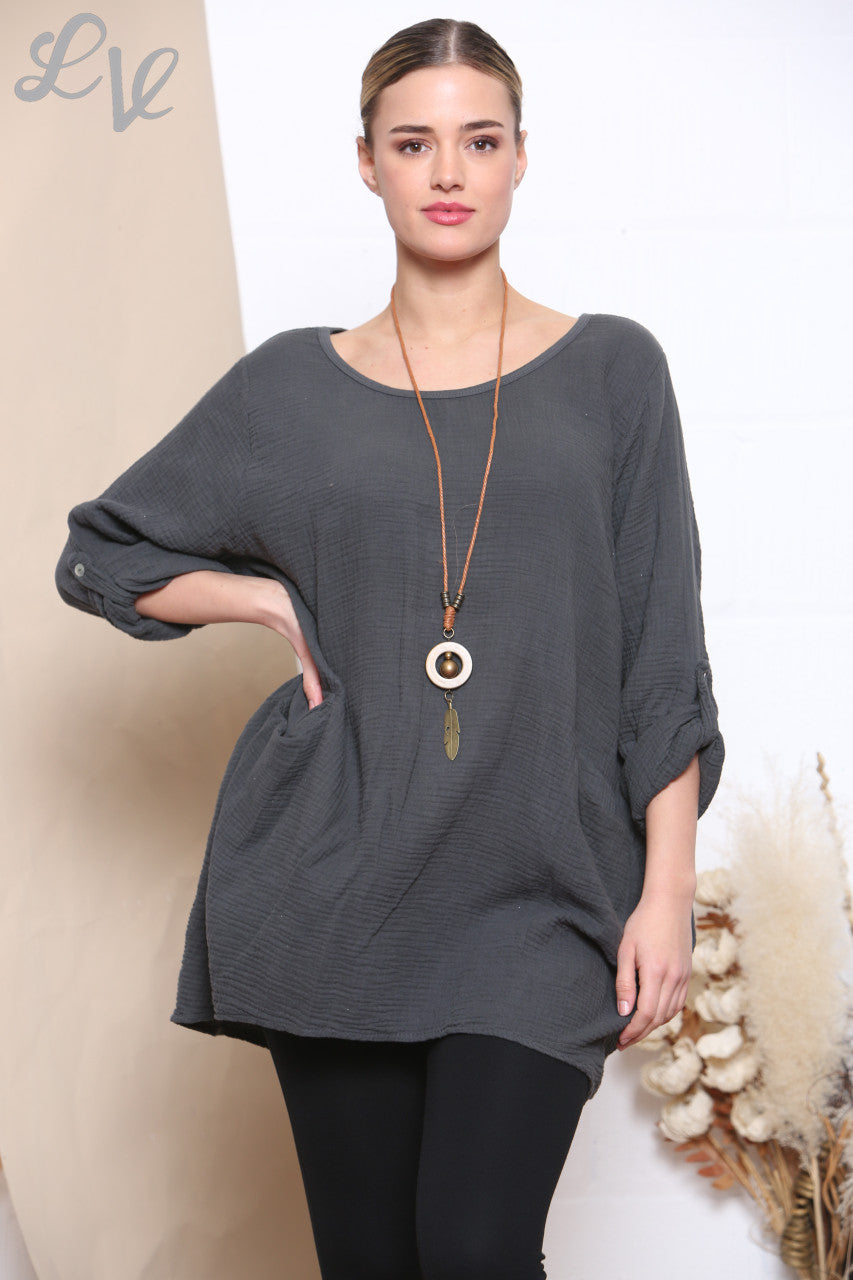 Ladies Plain Tunic Top With Pockets & Necklace Charcoal