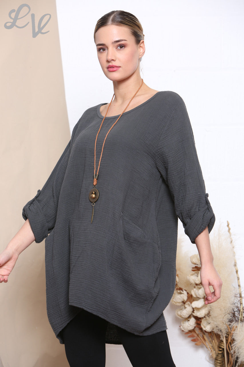Ladies Plain Tunic Top With Pockets & Necklace Charcoal