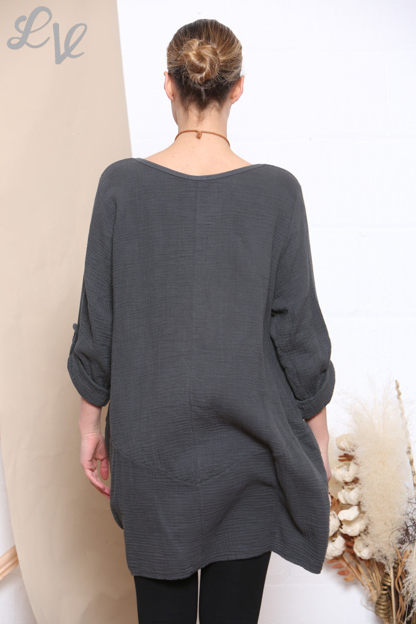 Ladies Plain Tunic Top With Pockets & Necklace Charcoal