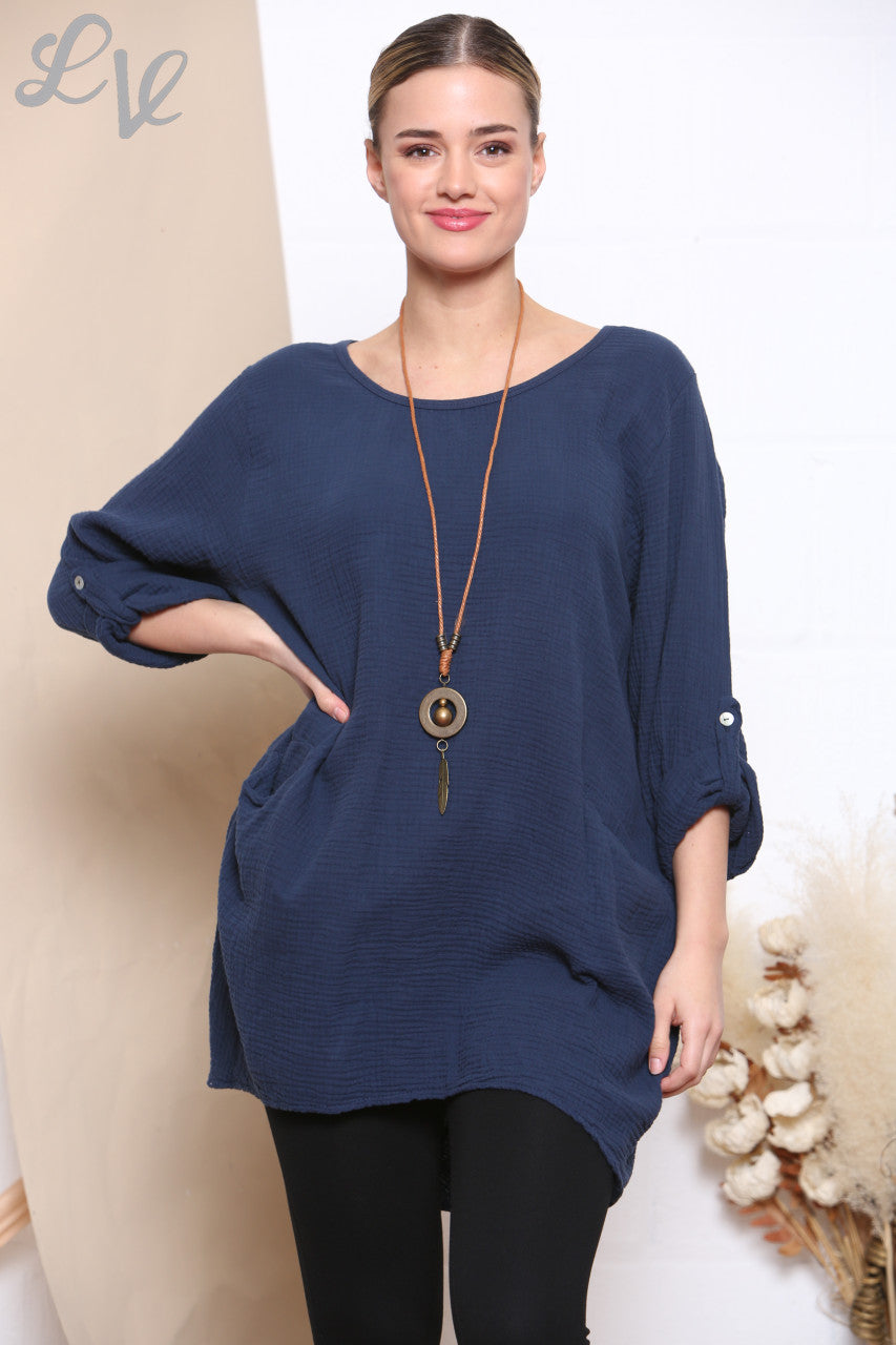 Dames Effen Tuniek Top Met Zakken & Ketting Marineblauw