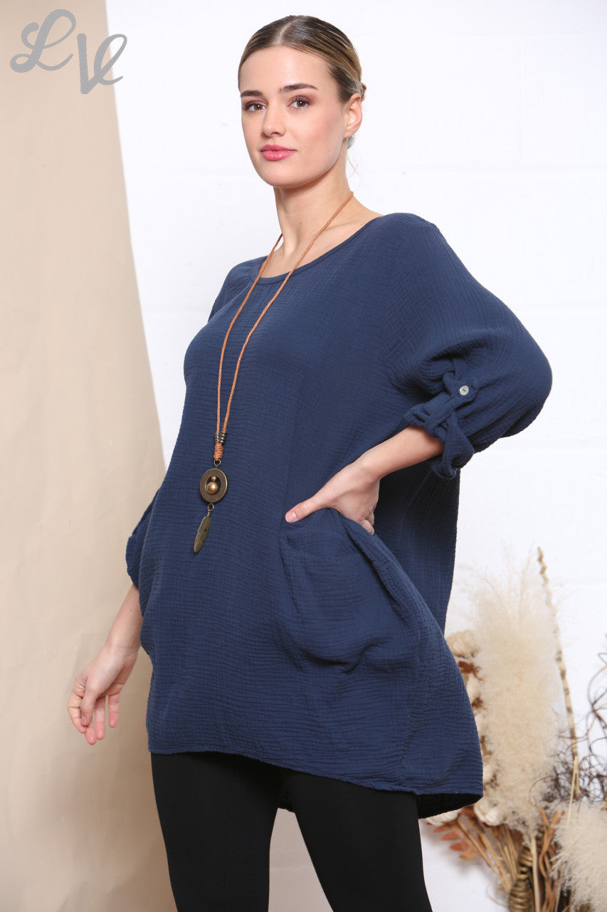 Dames Effen Tuniek Top Met Zakken & Ketting Marineblauw