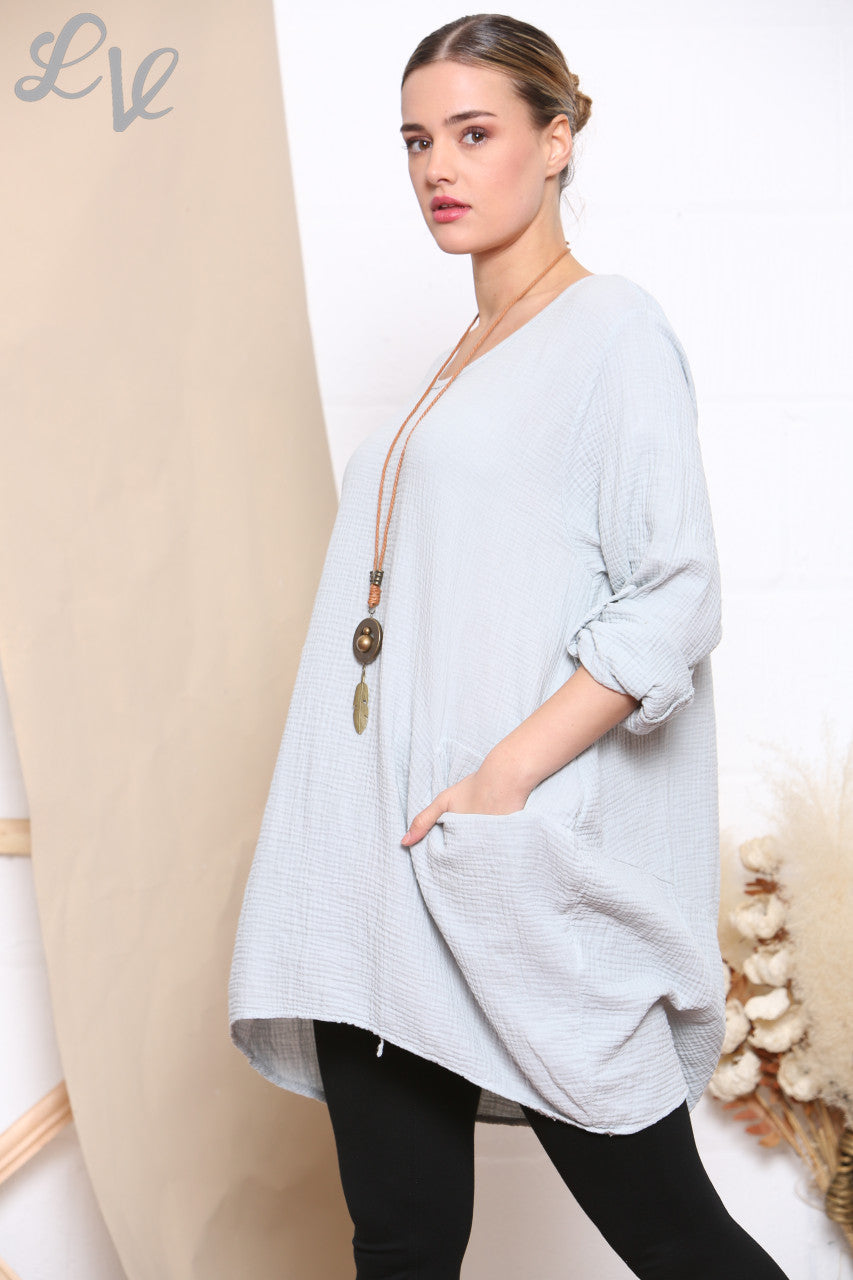 Ladies Plain Tunic Top With Pockets & Necklace Silver