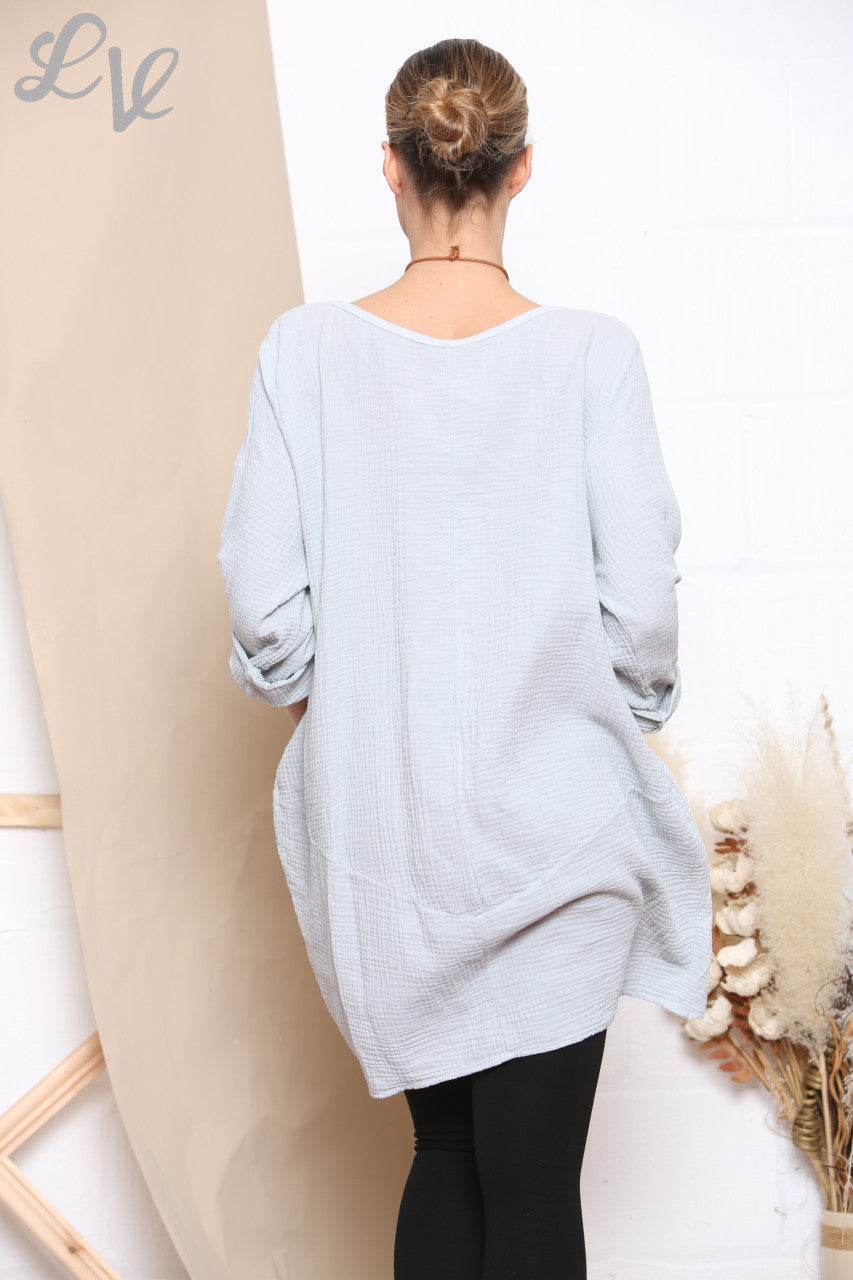 Ladies Plain Tunic Top With Pockets & Necklace Silver