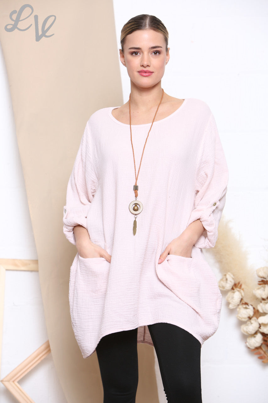 Dames Effen Tuniek Top Met Zakken & Ketting Dusty Roze