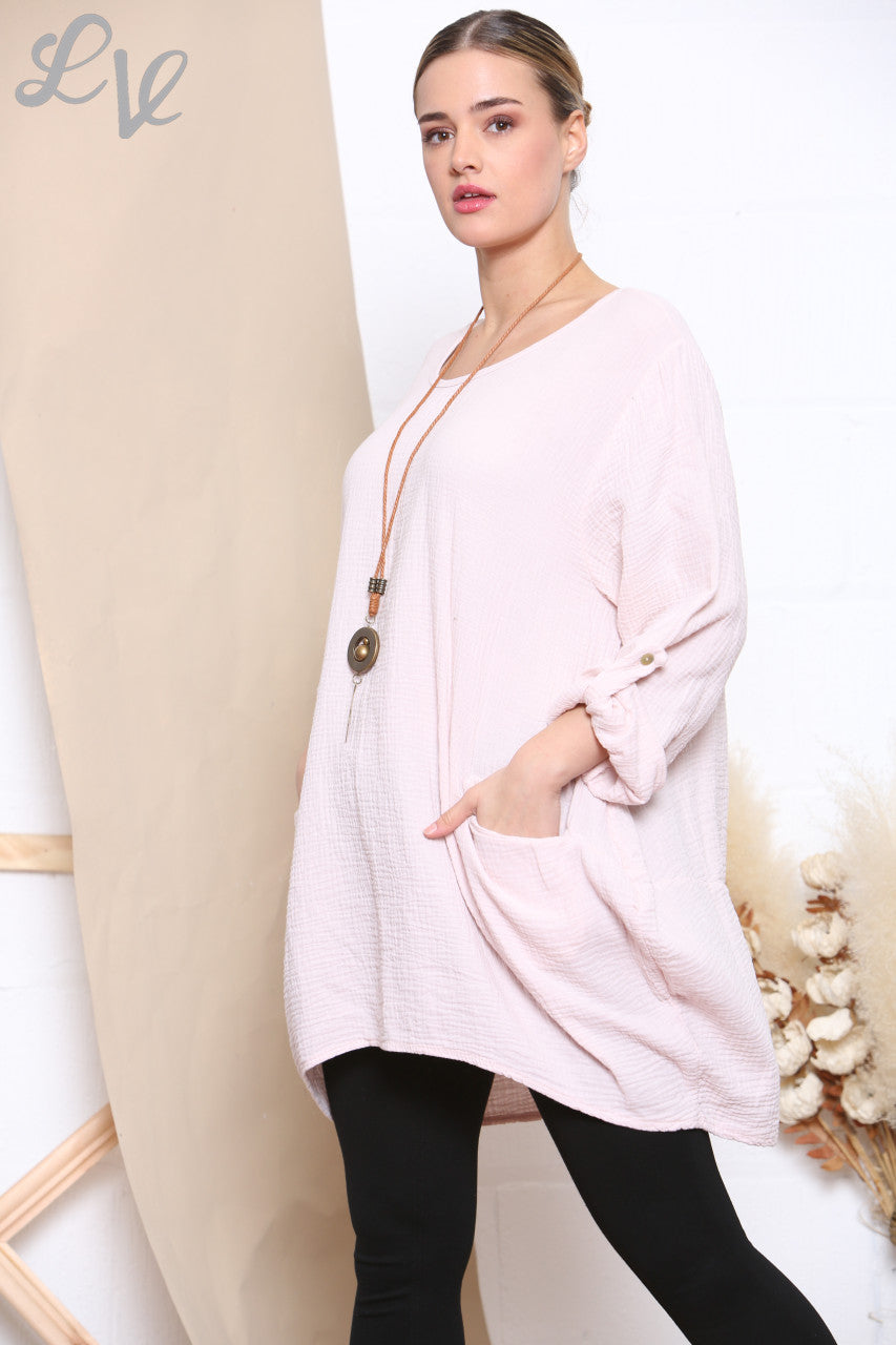Dames Effen Tuniek Top Met Zakken & Ketting Dusty Roze