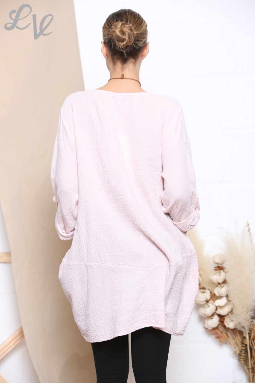 Dames Effen Tuniek Top Met Zakken & Ketting Dusty Roze