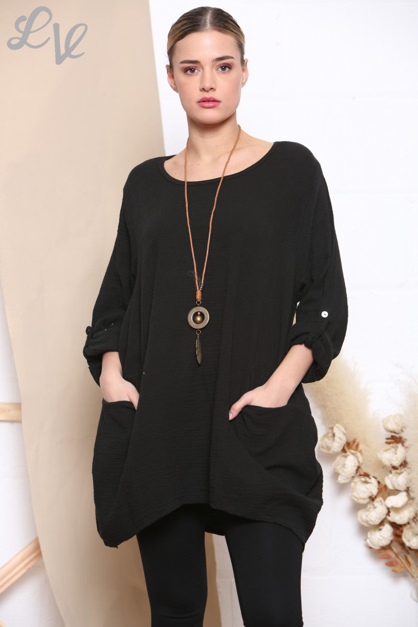 Dames Effen Tuniek Top Met Zakken & Ketting Zwart