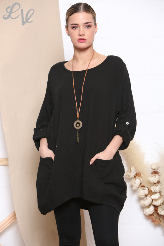 Dames Effen Tuniek Top Met Zakken & Ketting Zwart