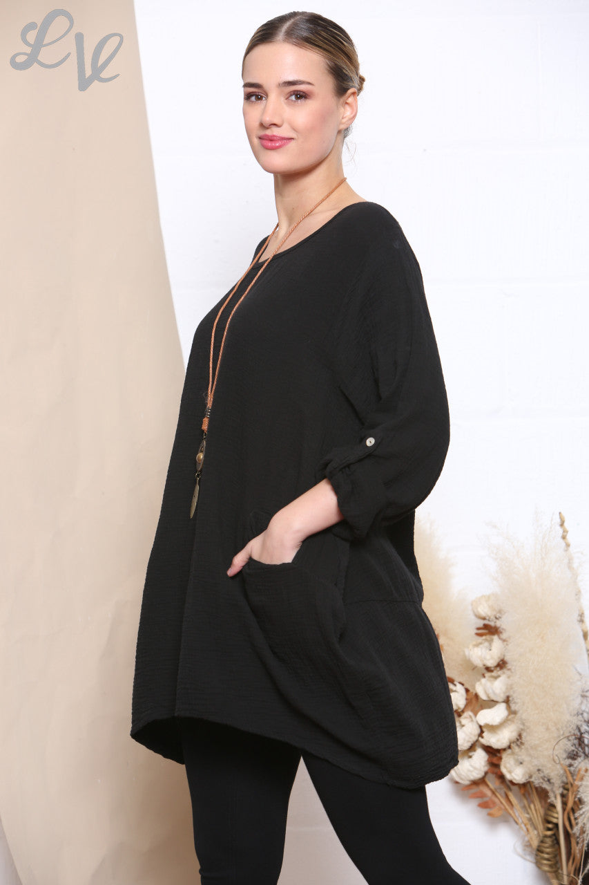 Dames Effen Tuniek Top Met Zakken & Ketting Zwart