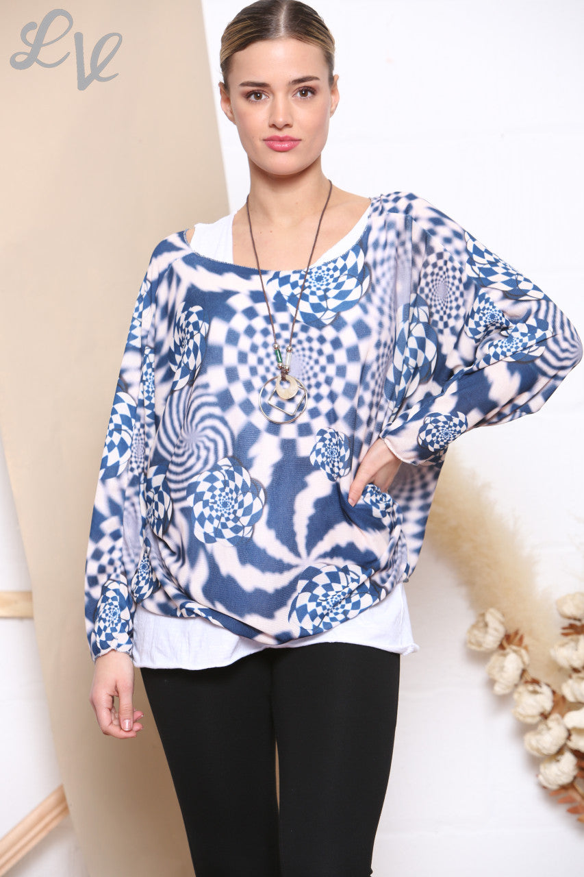 Ladies Retro Check Print 2 Layered Top With Necklace Navy