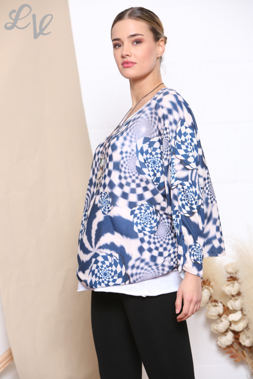 Ladies Retro Check Print 2 Layered Top With Necklace Navy