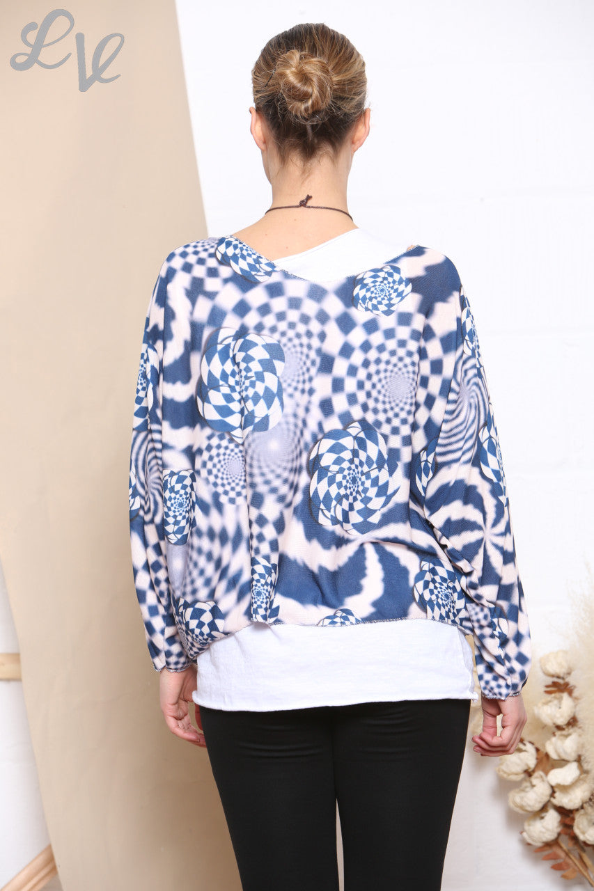 Ladies Retro Check Print 2 Layered Top With Necklace Navy