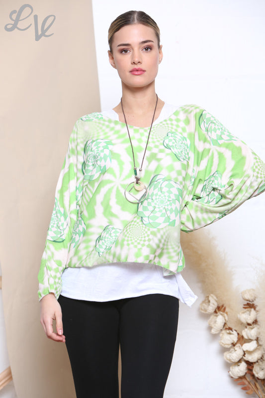 Ladies Retro Check Print 2 Layered Top With Necklace Lime