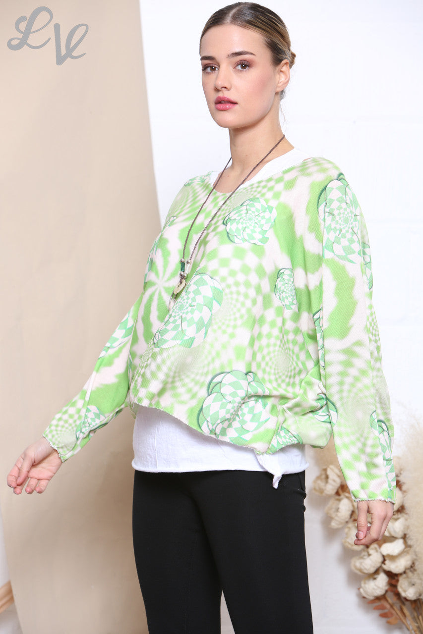 Ladies Retro Check Print 2 Layered Top With Necklace Lime