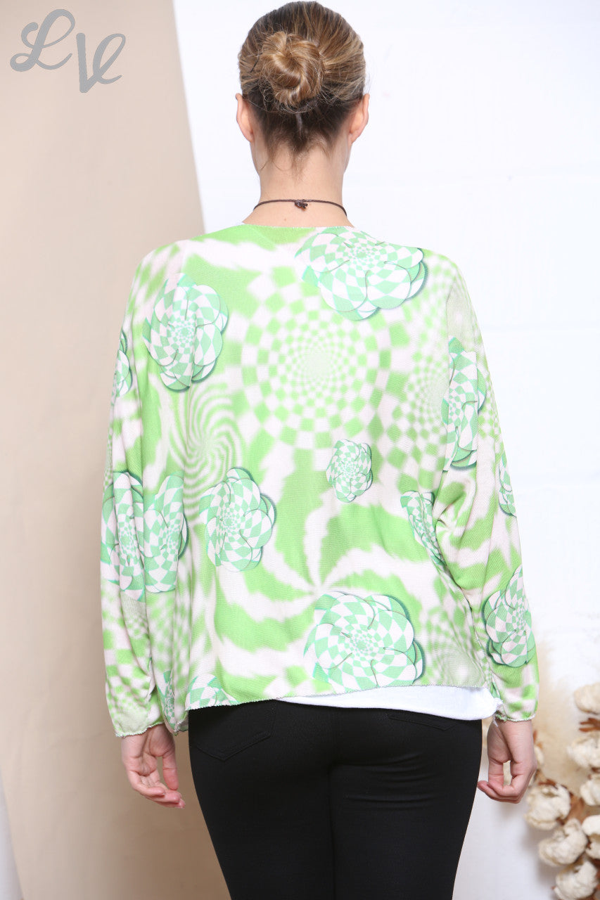 Ladies Retro Check Print 2 Layered Top With Necklace Lime