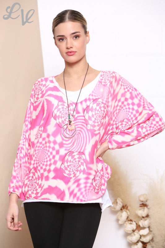 Ladies Retro Check Print 2 Layered Top With Necklace Cerise