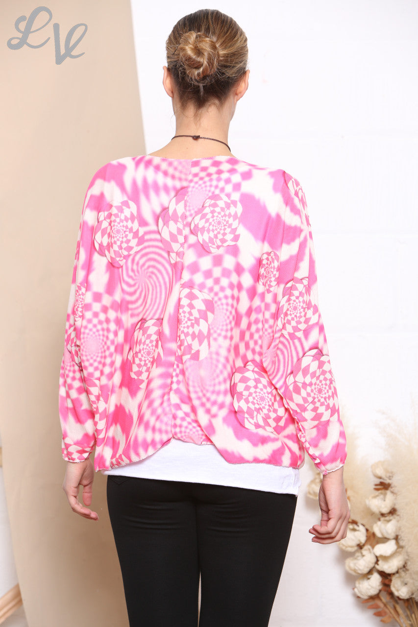 Ladies Retro Check Print 2 Layered Top With Necklace Cerise