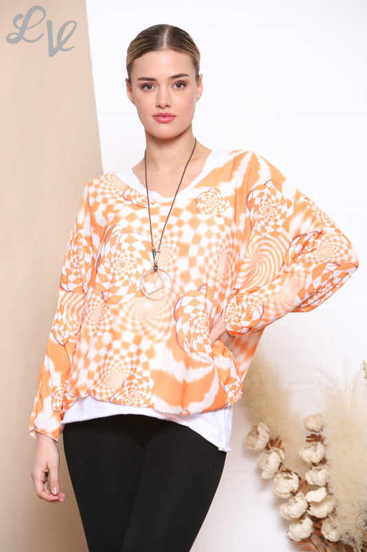 Ladies Retro Check Print 2 Layered Top With Necklace Orange