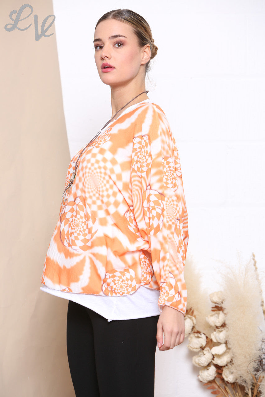 Ladies Retro Check Print 2 Layered Top With Necklace Orange