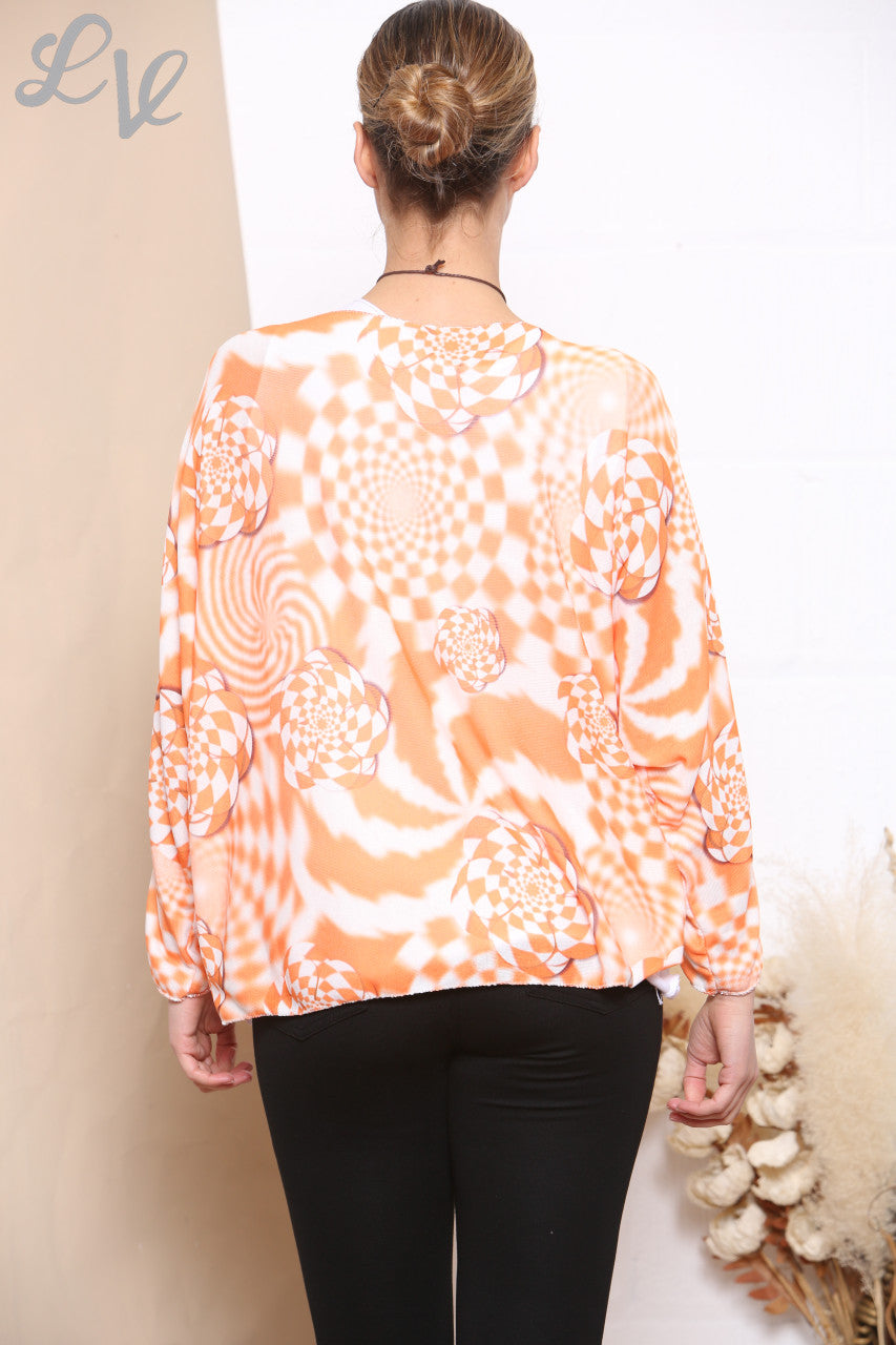 Ladies Retro Check Print 2 Layered Top With Necklace Orange