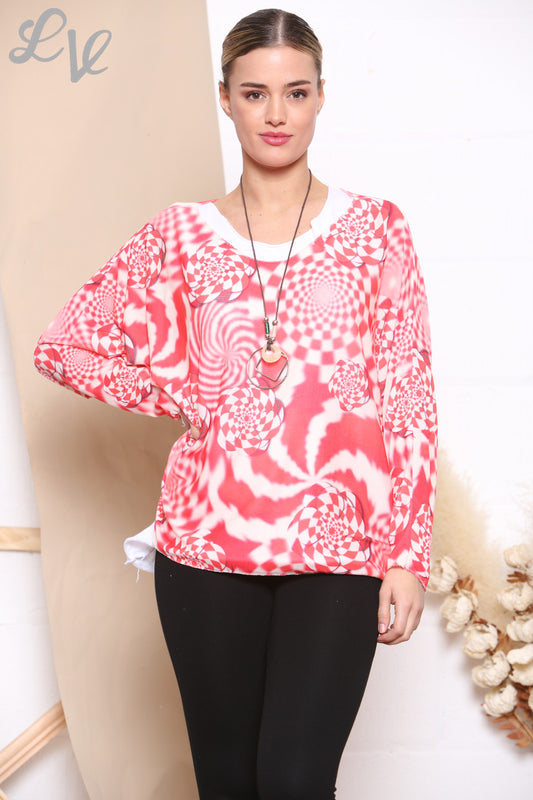 Ladies Retro Check Print 2 Layered Top With Necklace Red