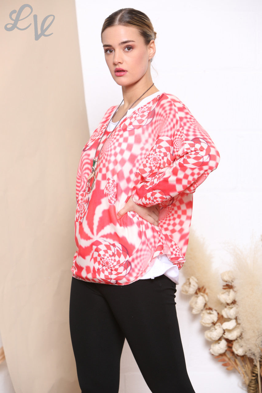 Dames Retro Geruite Gelaagde Top Met Ketting Rood