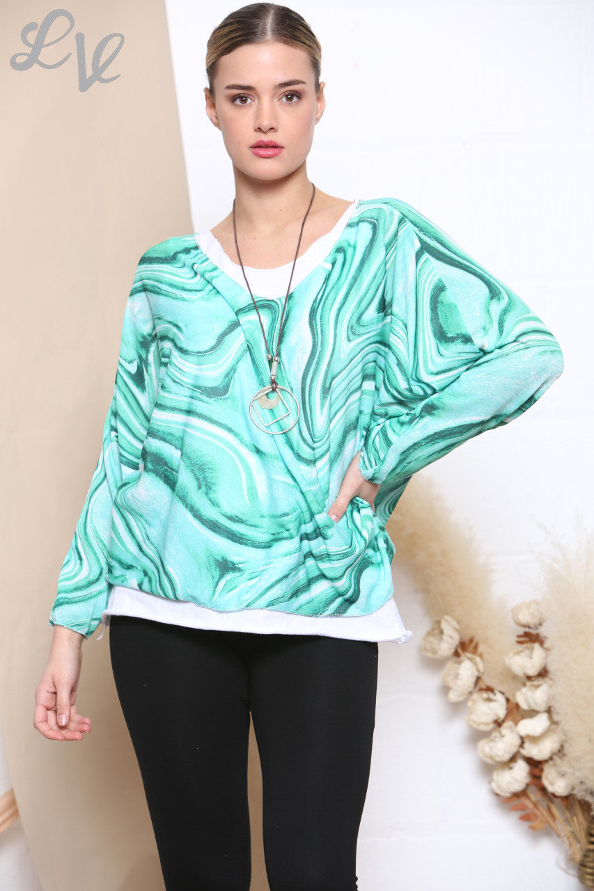 Ladies Retro Swirl Print 2 Layered Top With Necklace Green