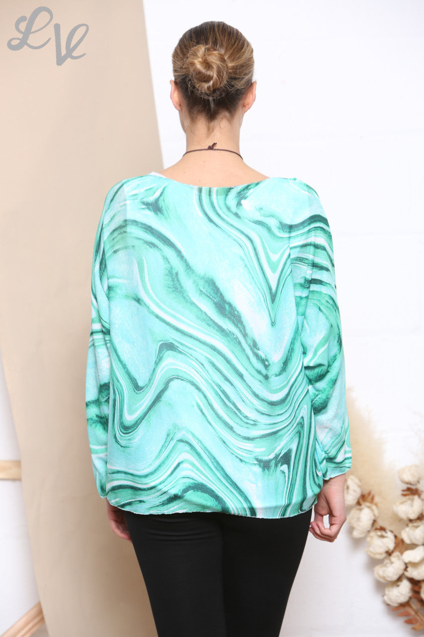 Ladies Retro Swirl Print 2 Layered Top With Necklace Green