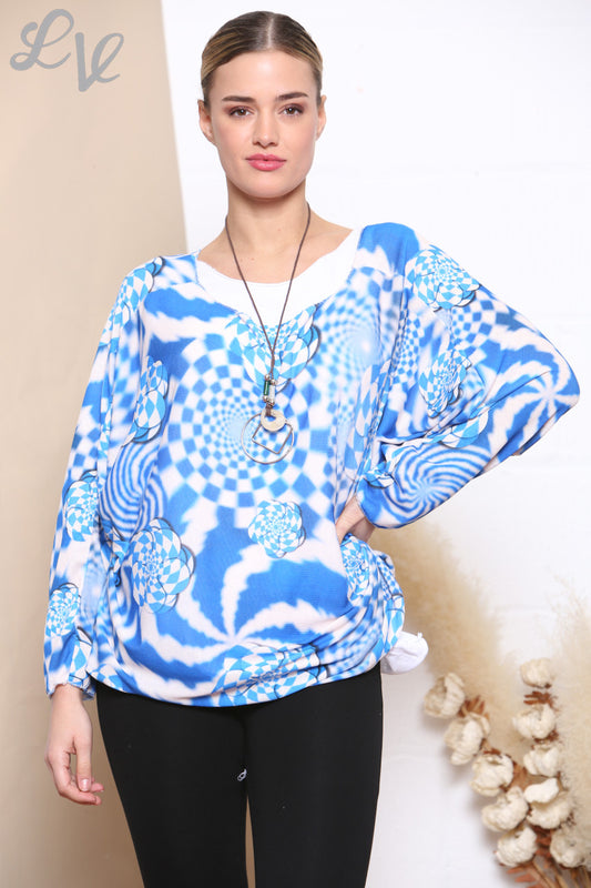 Ladies Retro Check Print 2 Layered Top With Necklace Royal Blue