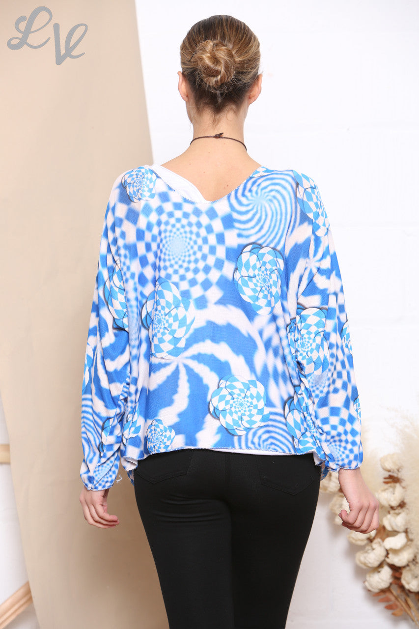 Ladies Retro Check Print 2 Layered Top With Necklace Royal Blue