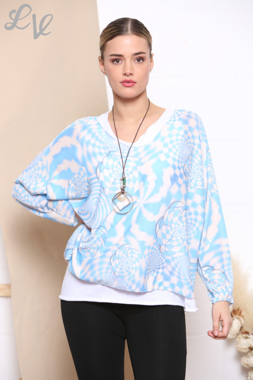 Ladies Retro Check Print 2 Layered Top With Necklace Sky Blue