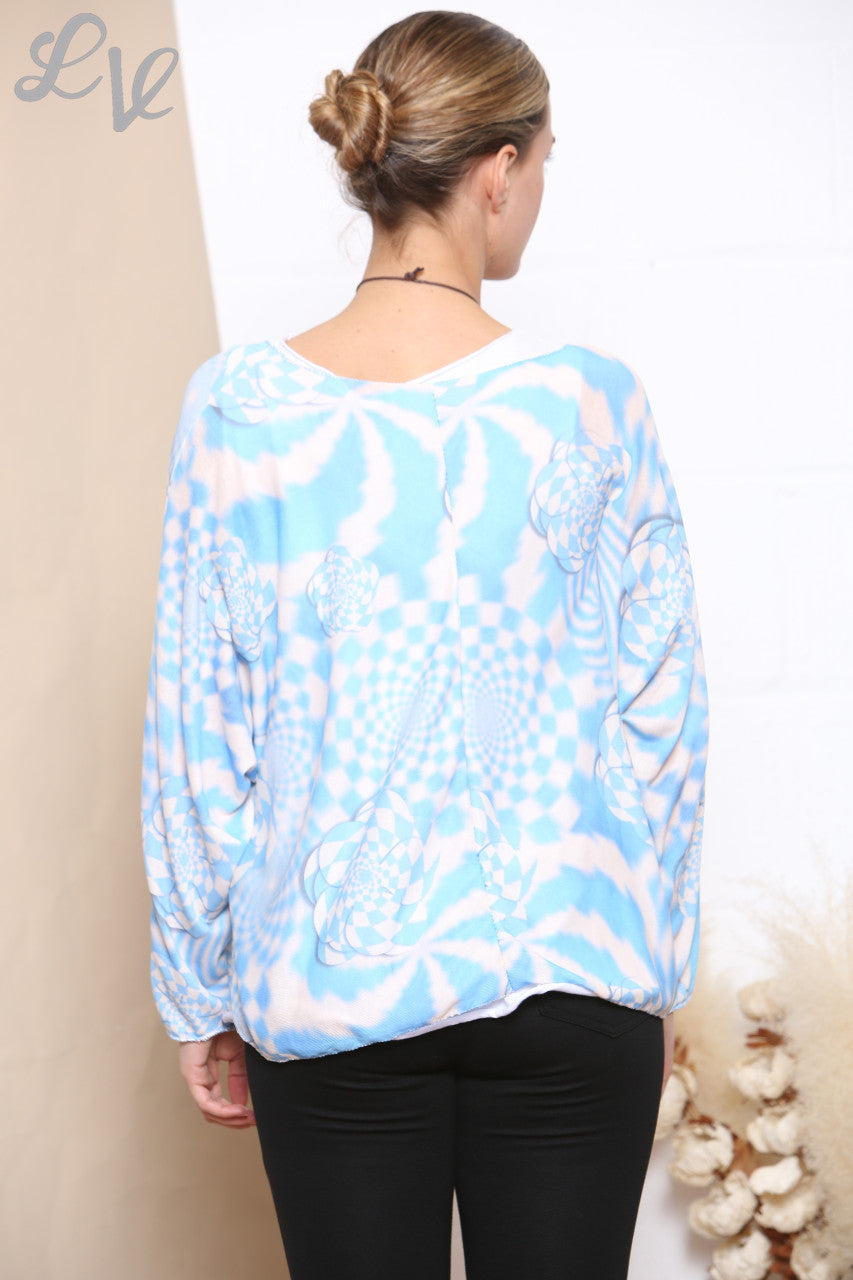 Ladies Retro Check Print 2 Layered Top With Necklace Sky Blue