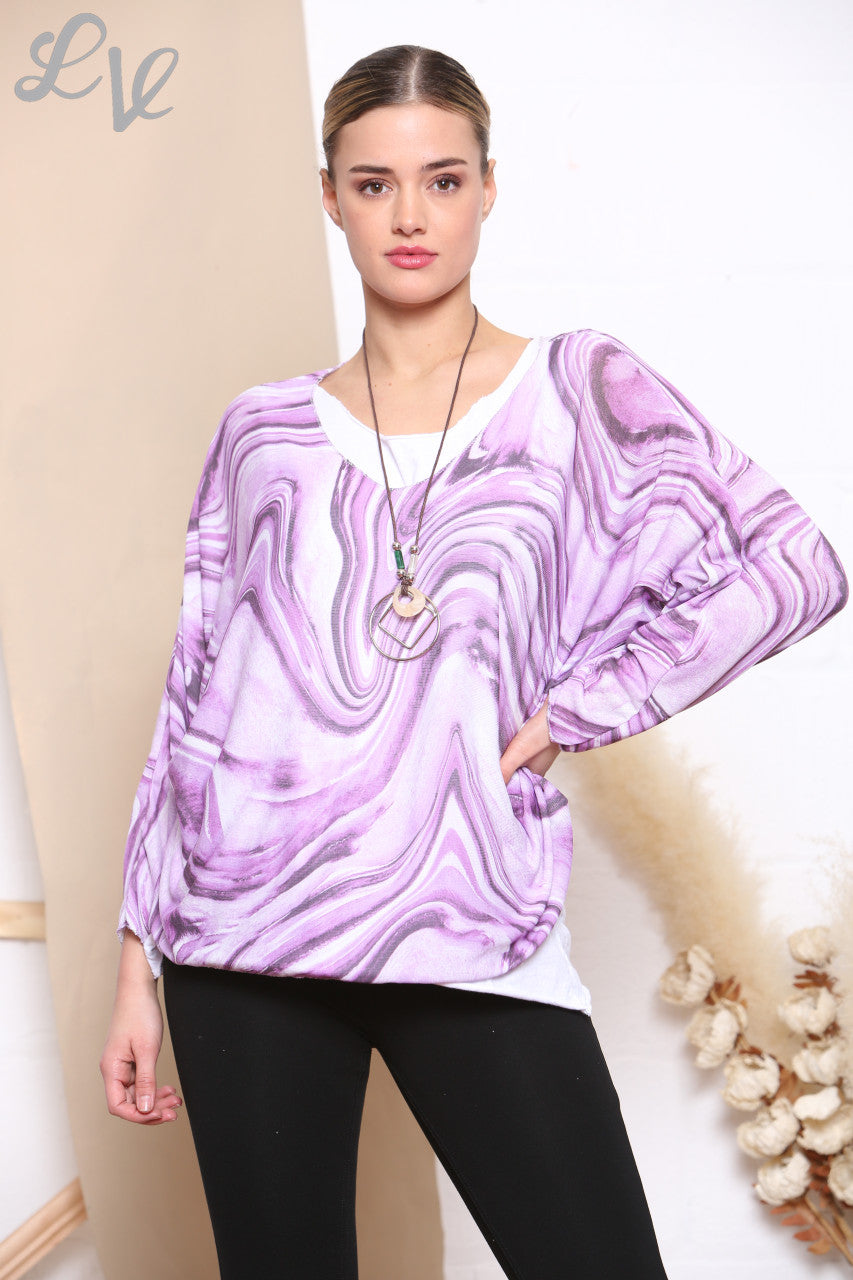 Ladies Retro Swirl Print 2 Layered Top With Necklace Lilac