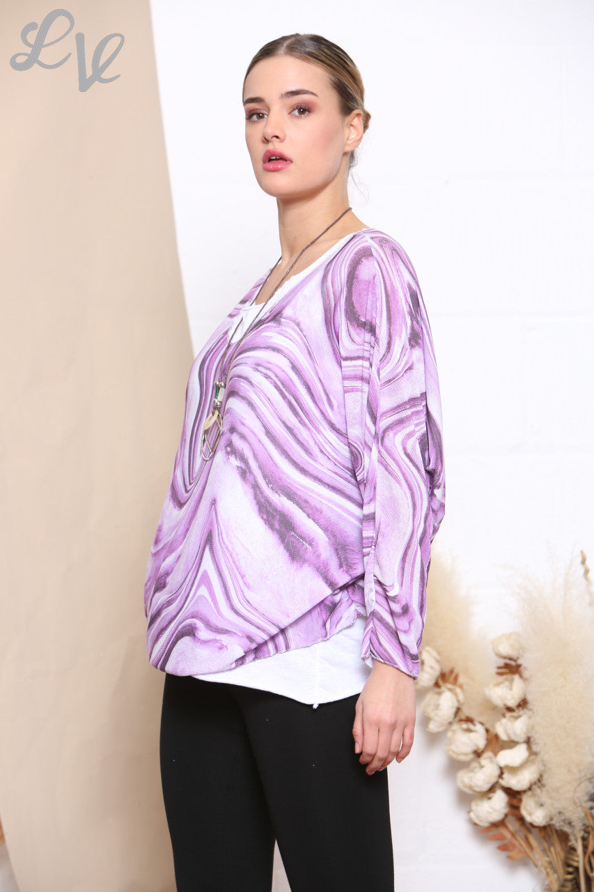 Ladies Retro Swirl Print 2 Layered Top With Necklace Lilac