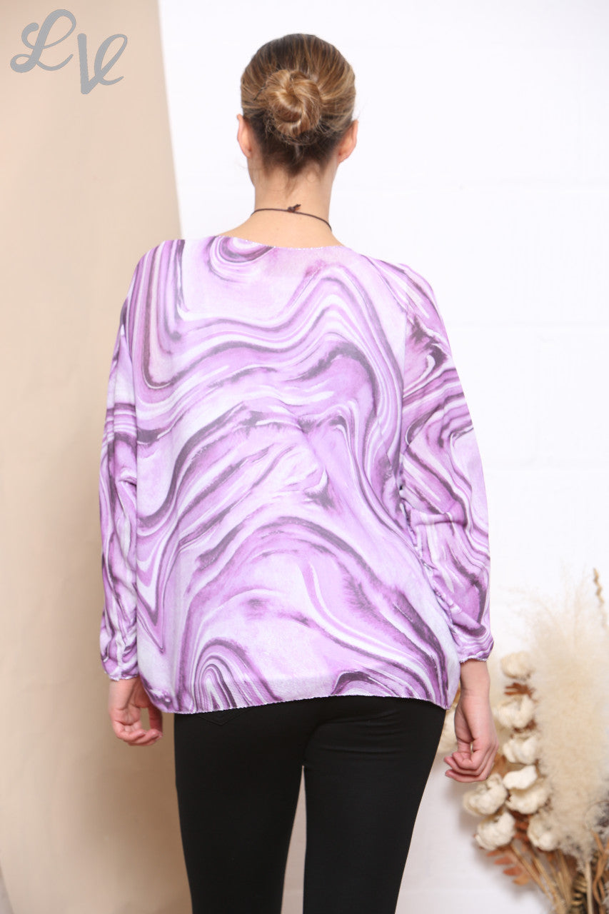 Ladies Retro Swirl Print 2 Layered Top With Necklace Lilac
