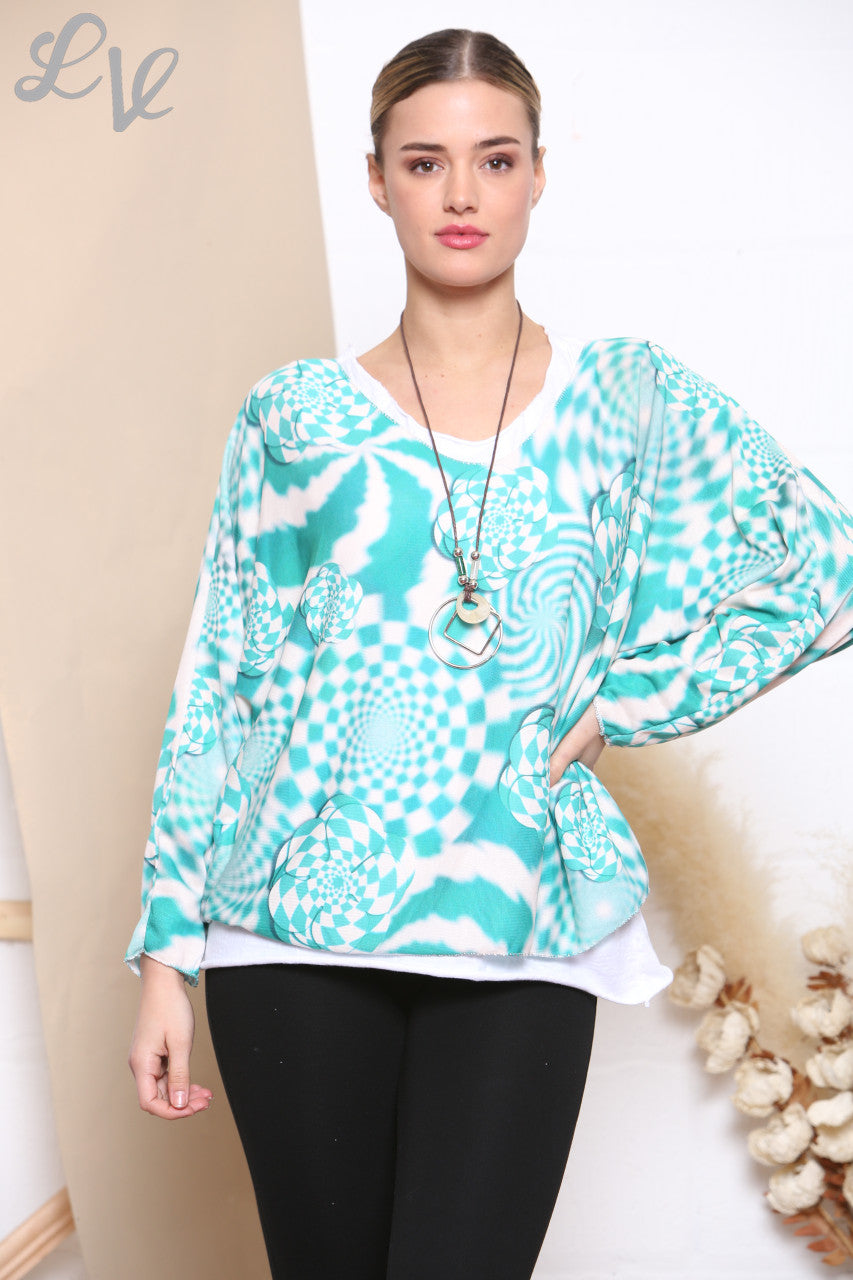 Ladies Retro Check Print 2 Layered Top With Necklace Jade
