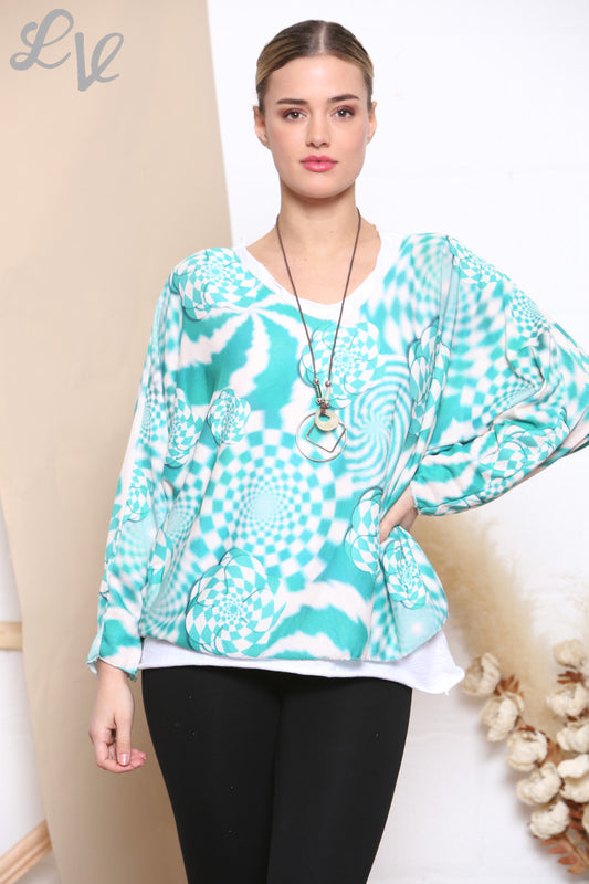 Ladies Retro Check Print 2 Layered Top With Necklace Jade