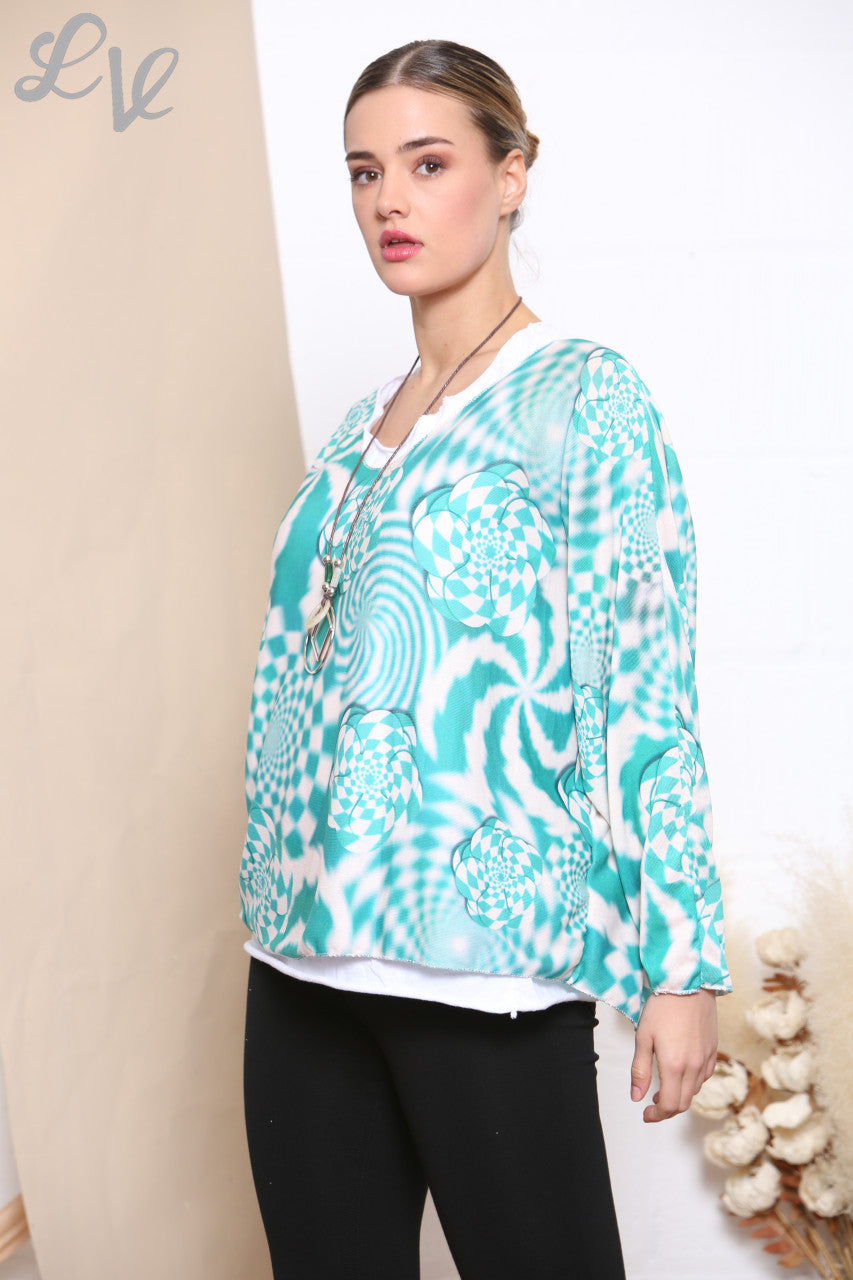 Ladies Retro Check Print 2 Layered Top With Necklace Jade