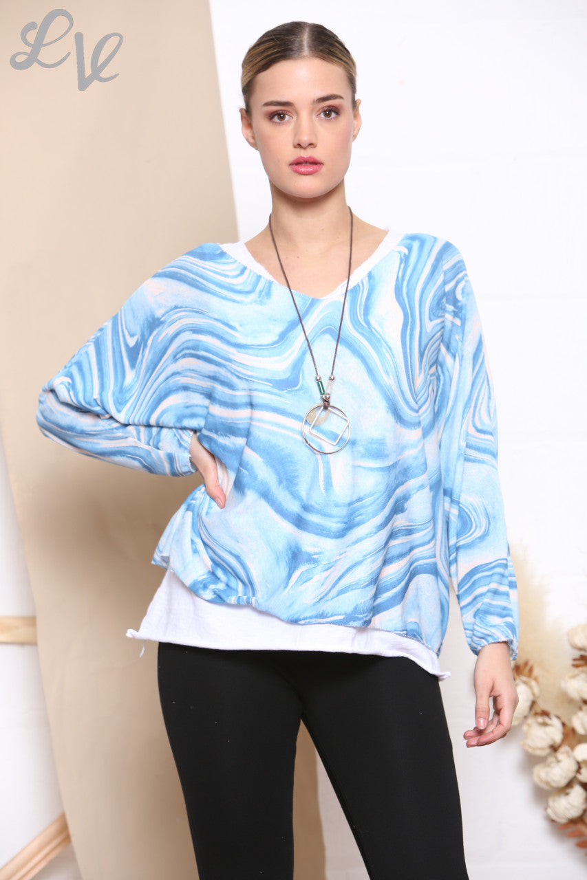 Dames Retro Top met Krulprint, 2 Lagen en Ketting Hemelsblauw