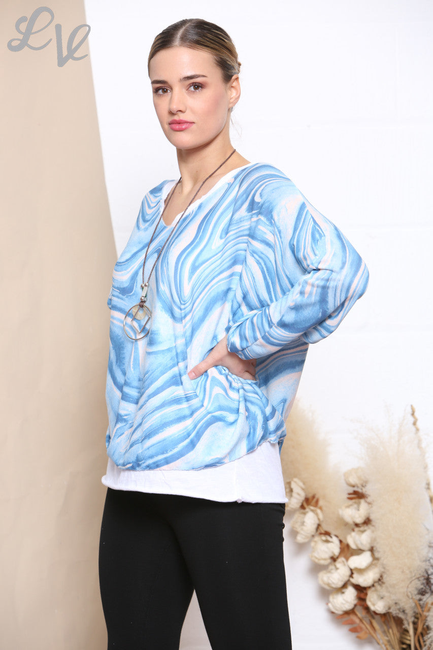 Dames Retro Top met Krulprint, 2 Lagen en Ketting Hemelsblauw