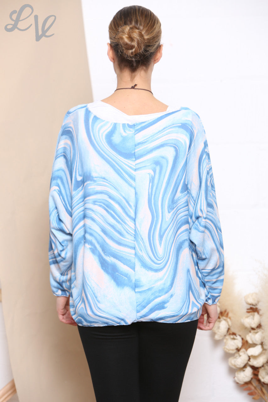 Dames Retro Top met Krulprint, 2 Lagen en Ketting Hemelsblauw